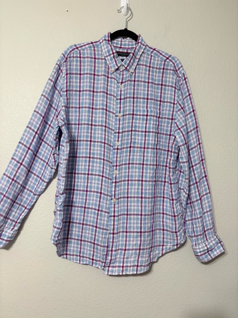 Men’s Banana Republic Linen Purple Blue Plaid Button-Down Shirt Camden Fit L